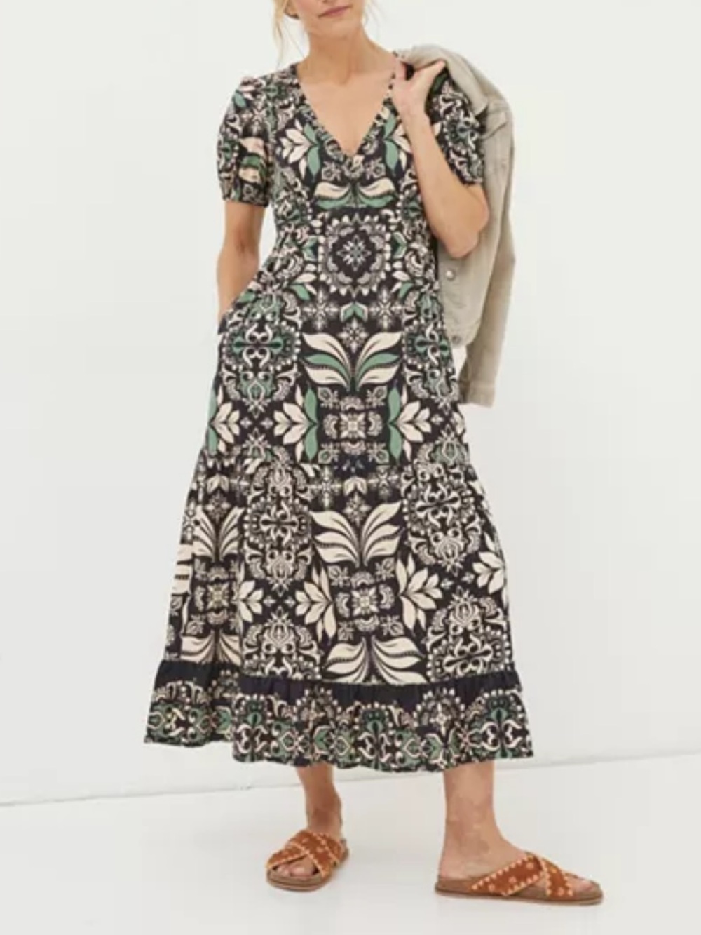 Fatface Priya Mosaic Leaf Midi Dress Pockets Cotton Green Black Cream 10R